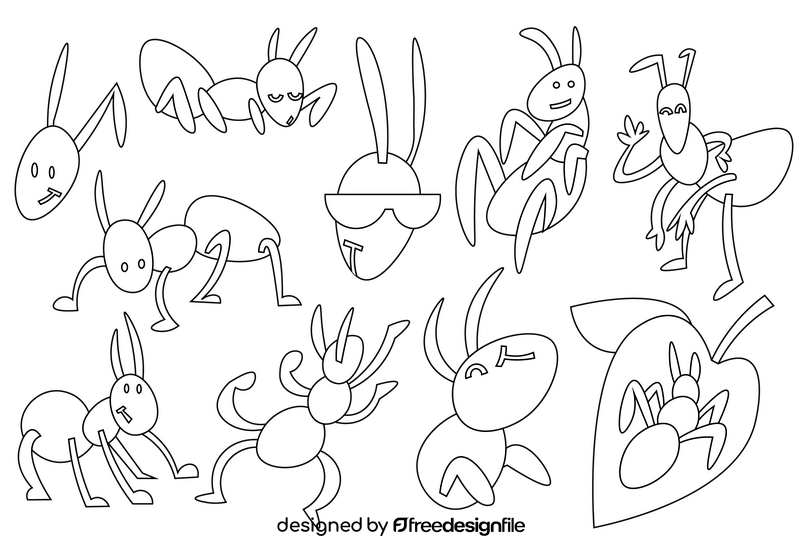 Ant cartoon set black and white vector