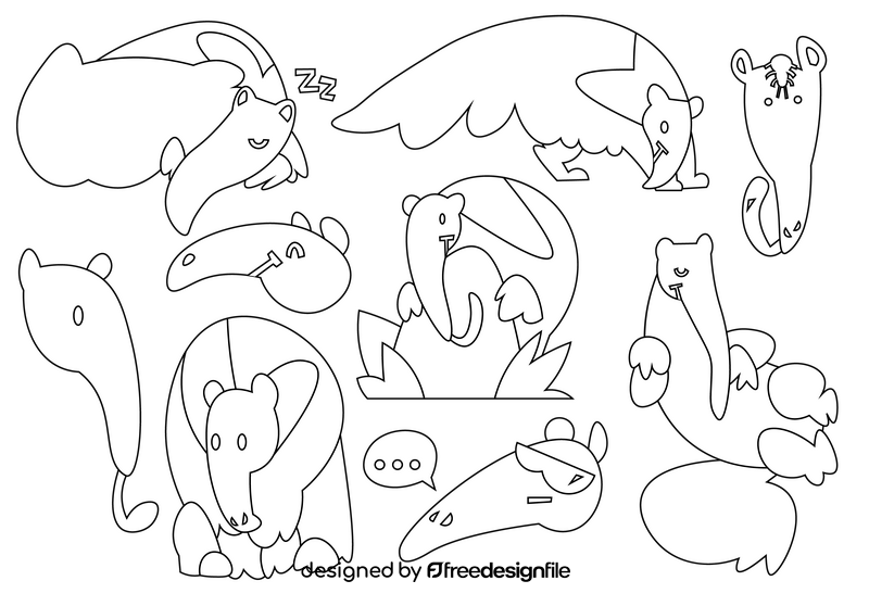 Anteater cartoon set black and white vector