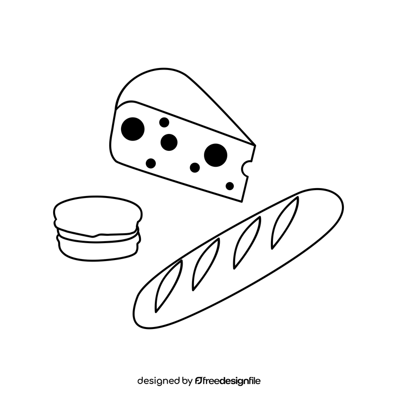 Cheese, baguette and macaron black and white clipart