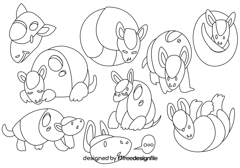 Armadillo cartoon set black and white vector