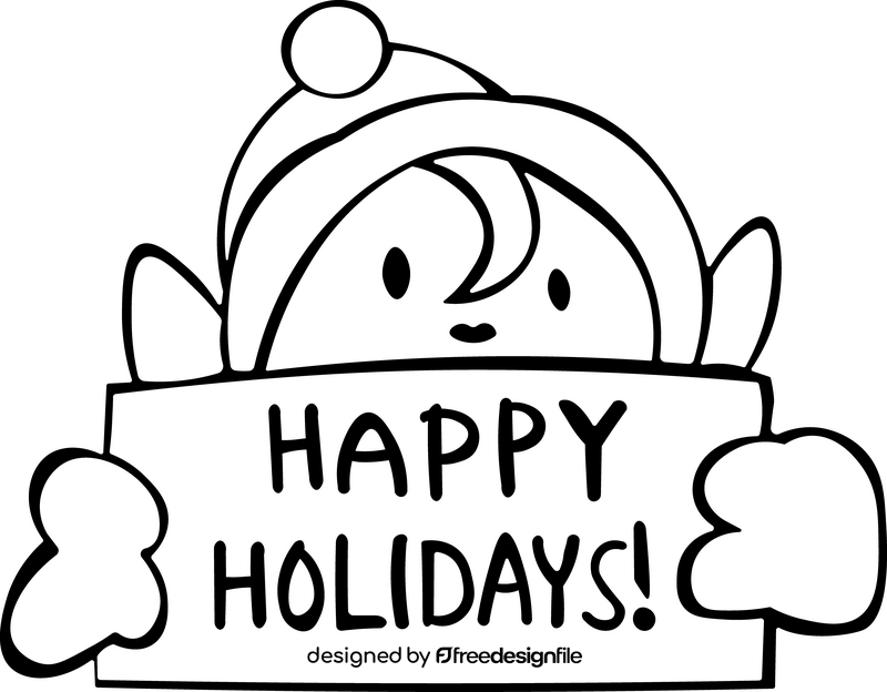 Christmas Elf with happy holidays banner black and white clipart