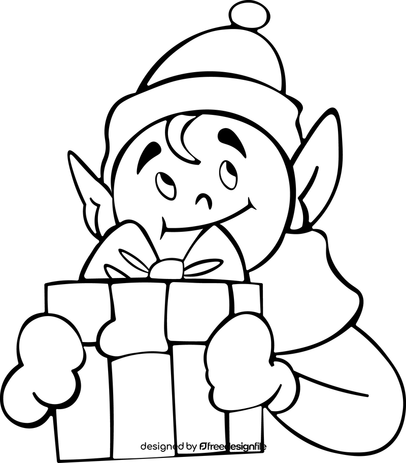 Christmas Elf with Gift black and white clipart