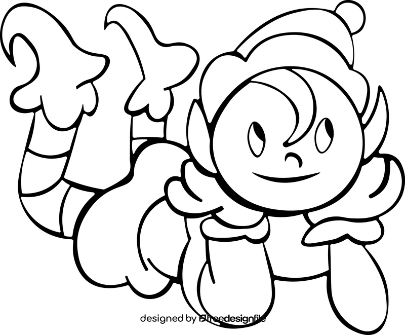 Cute christmas elf drawing black and white clipart