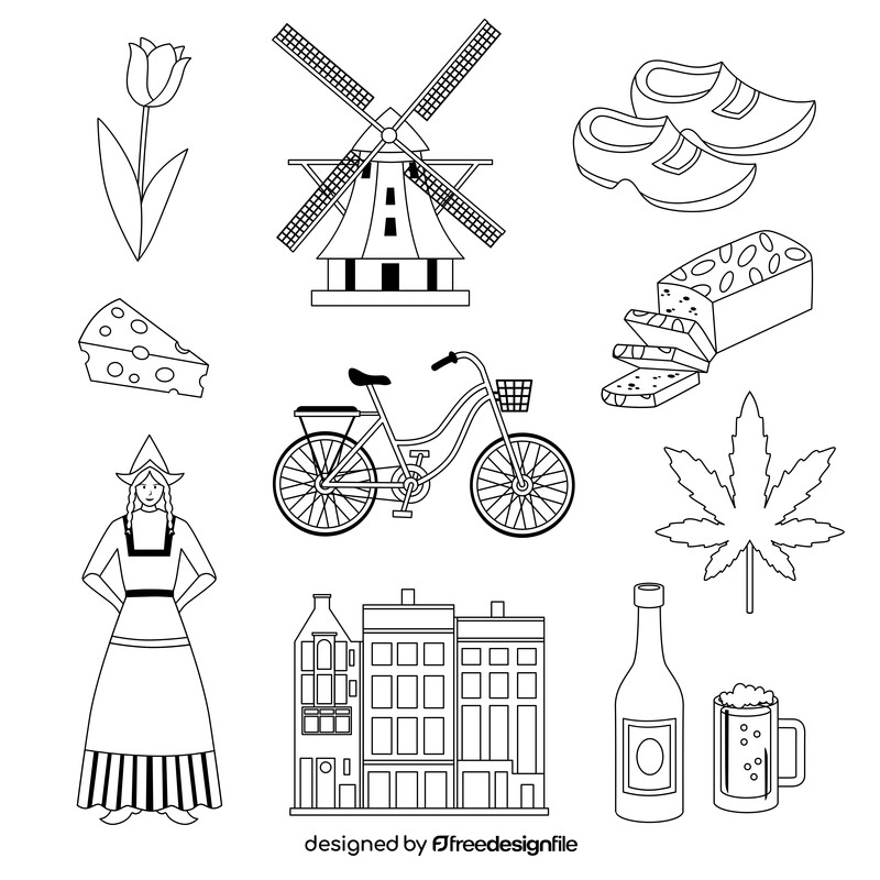 Netherlands traditional symbols black and white vector