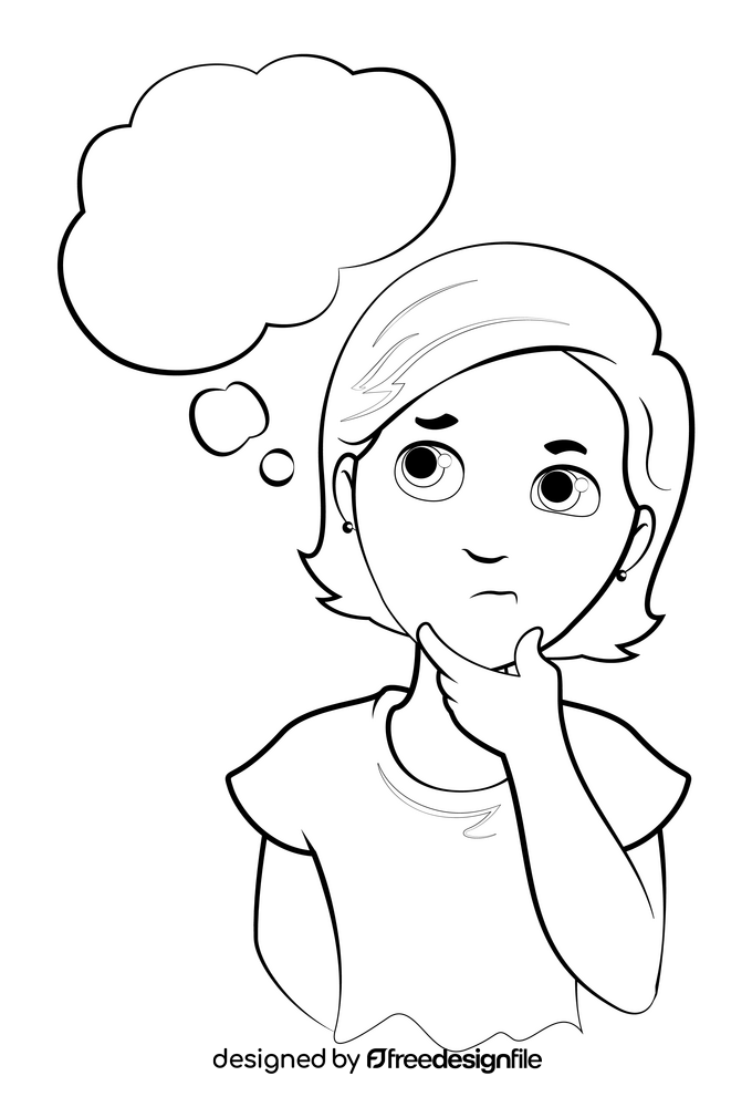 Girl thinking drawing black and white clipart