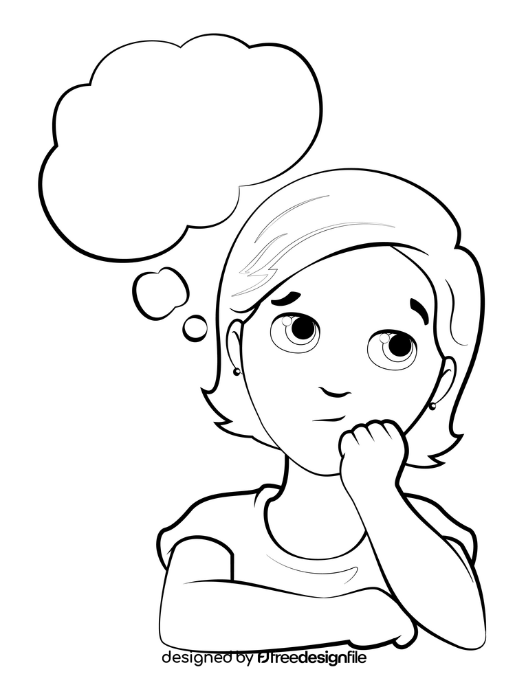 Girl thinking drawing black and white clipart