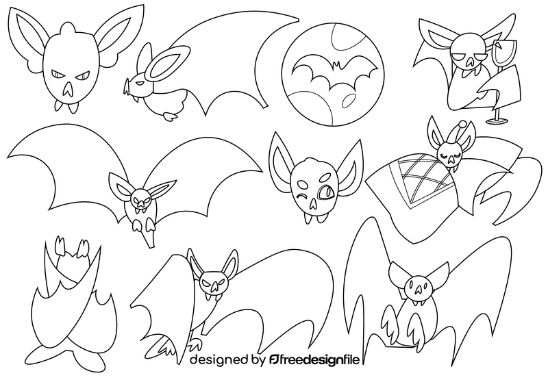 Bat cartoon set black and white vector