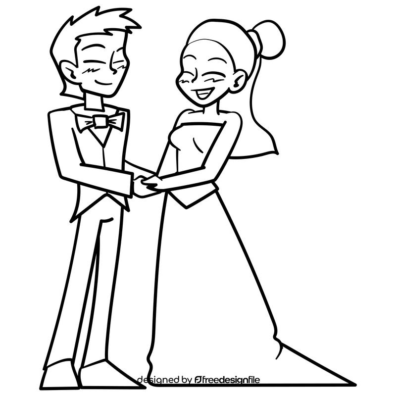 Bride and groom cartoon drawing black and white clipart