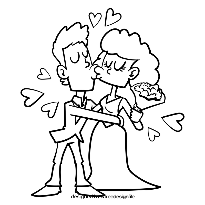 Bride and groom cartoon drawing black and white clipart