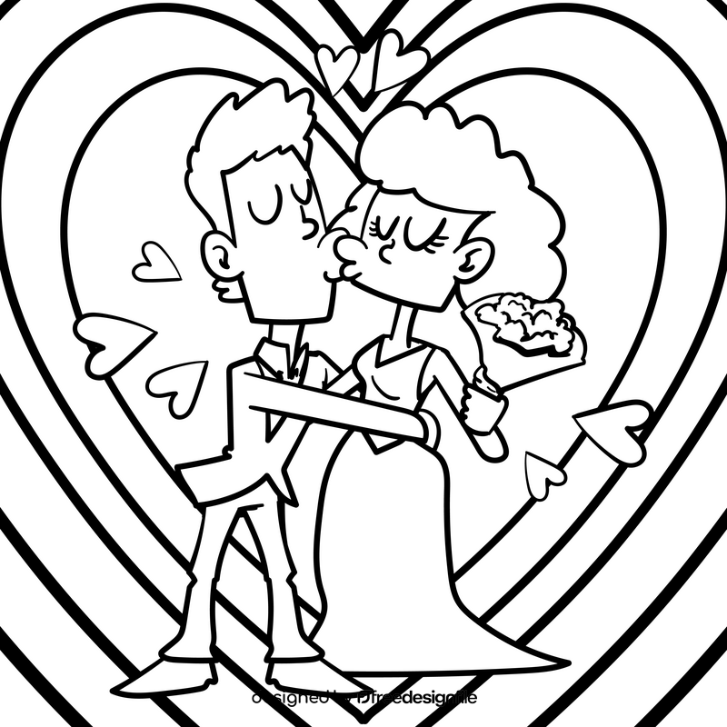 Bride and groom cartoon drawing black and white vector