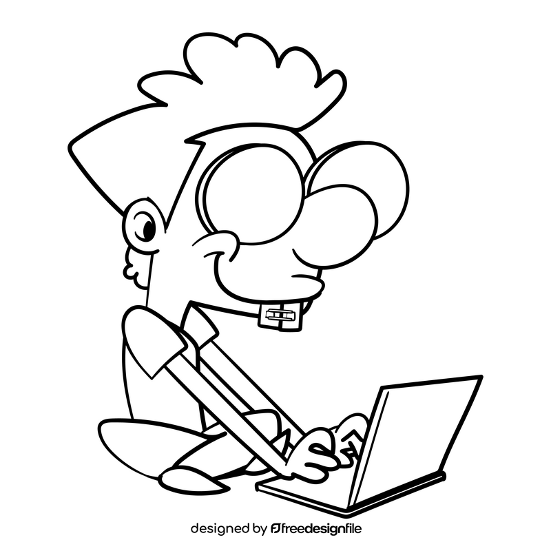 Nerd cartoon drawing black and white clipart