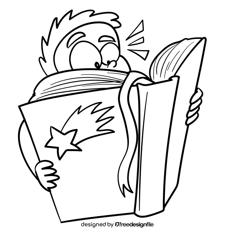 Kids reading Big Book cartoon drawing black and white clipart