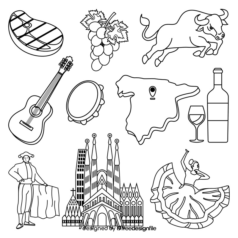 Spain traditional symbols black and white vector