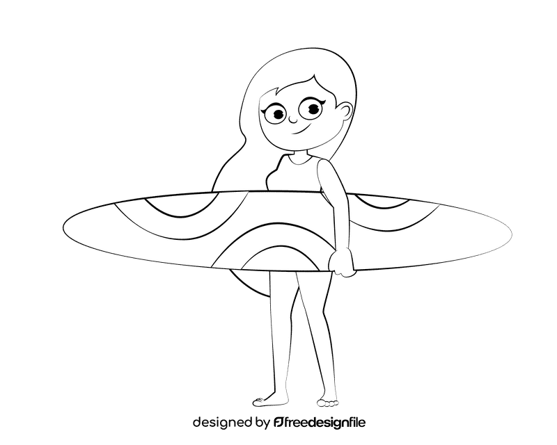 Cute Surfing girl black and white clipart