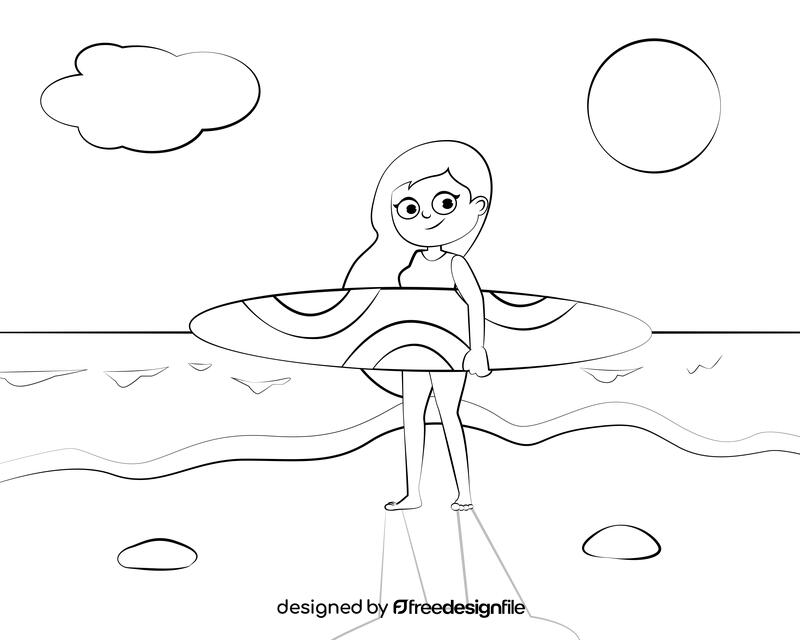 Cute Surfing girl black and white vector