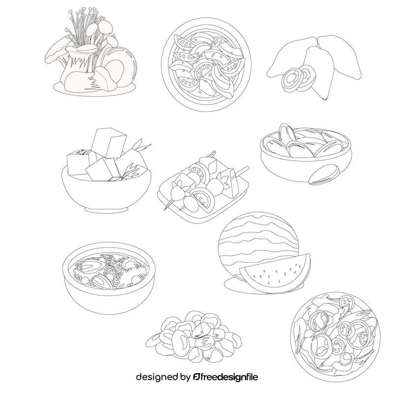 Set of diifferent kind of healthy food black and white vector