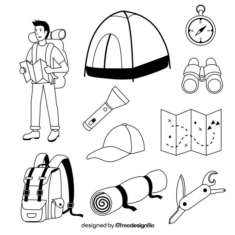 Backpacking and hiking set black and white vector