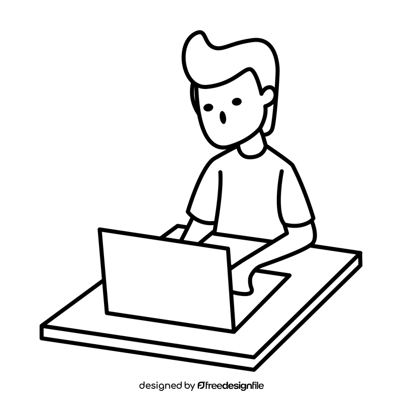 Writer writing on computer, laptop drawing black and white clipart