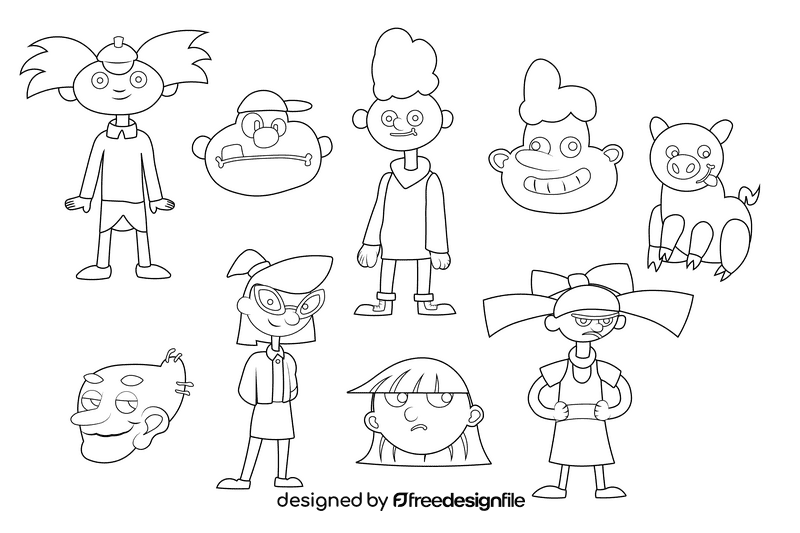 Cartoon Characters Hey Arnold black and white vector