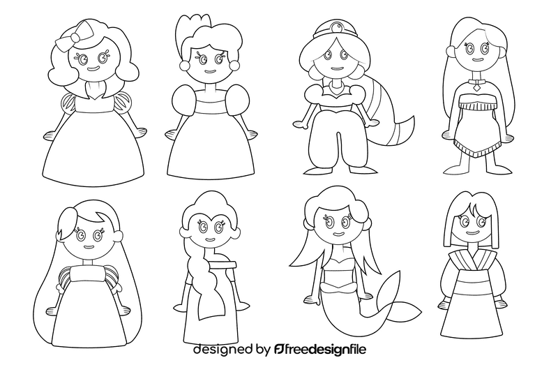Cartoon Characters Disney Princess black and white vector