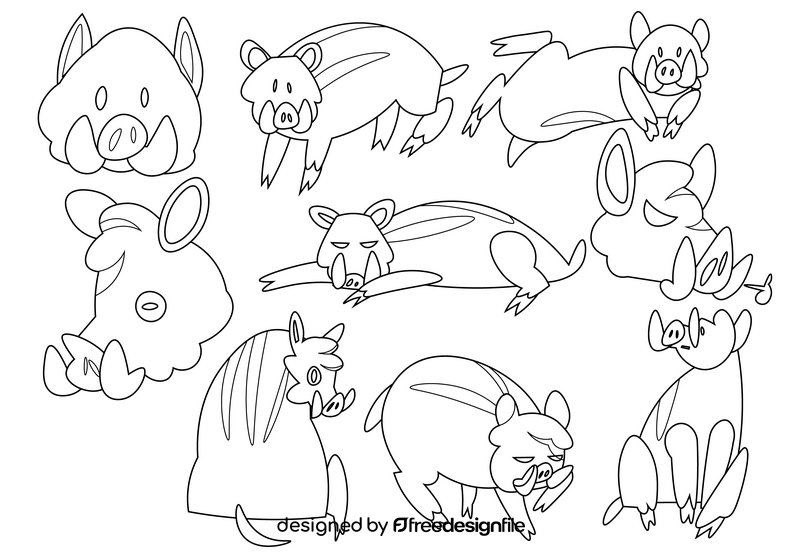 Boar cartoon set black and white vector