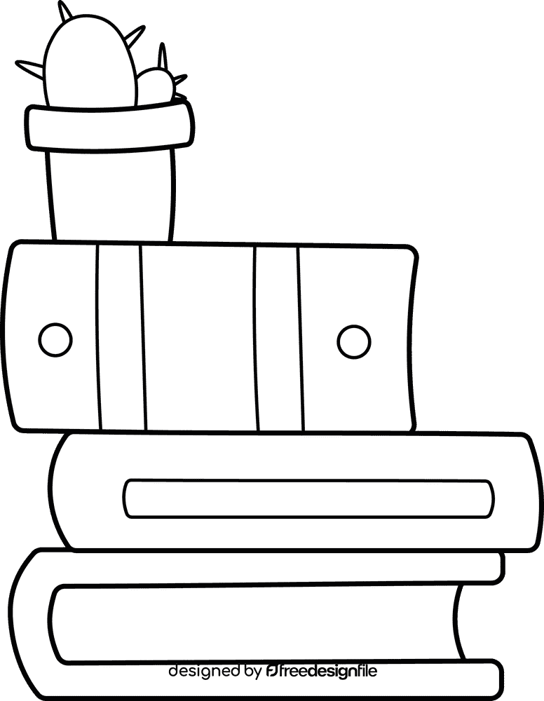 Books and Cactus black and white clipart