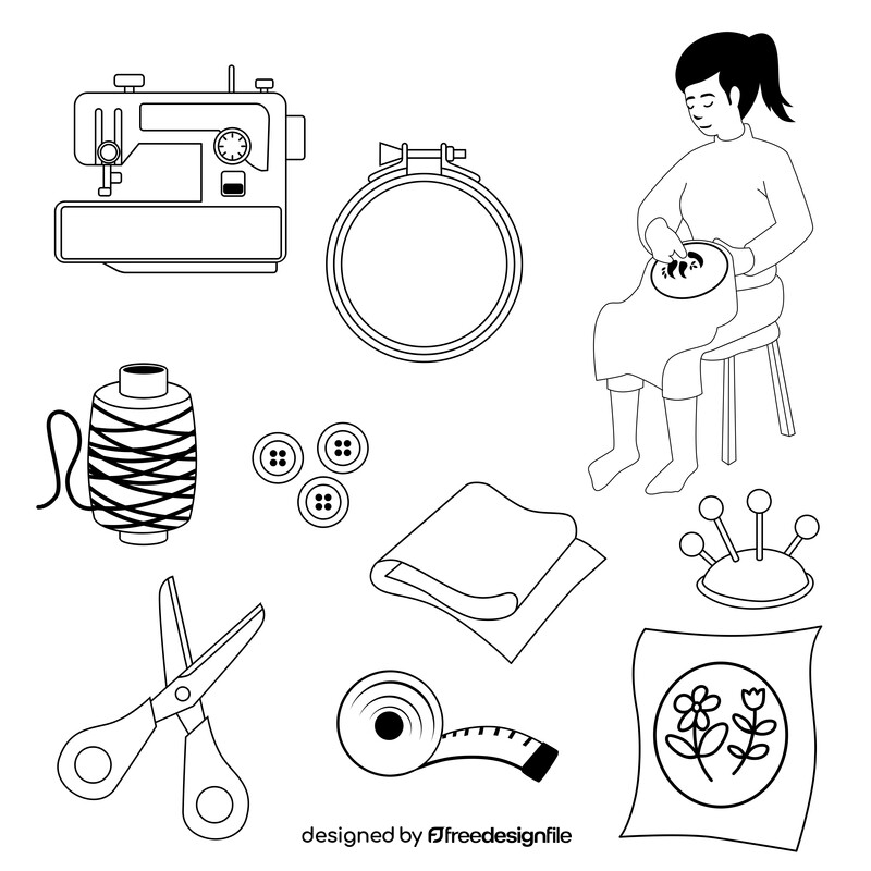 Embroidery kit icons set black and white vector