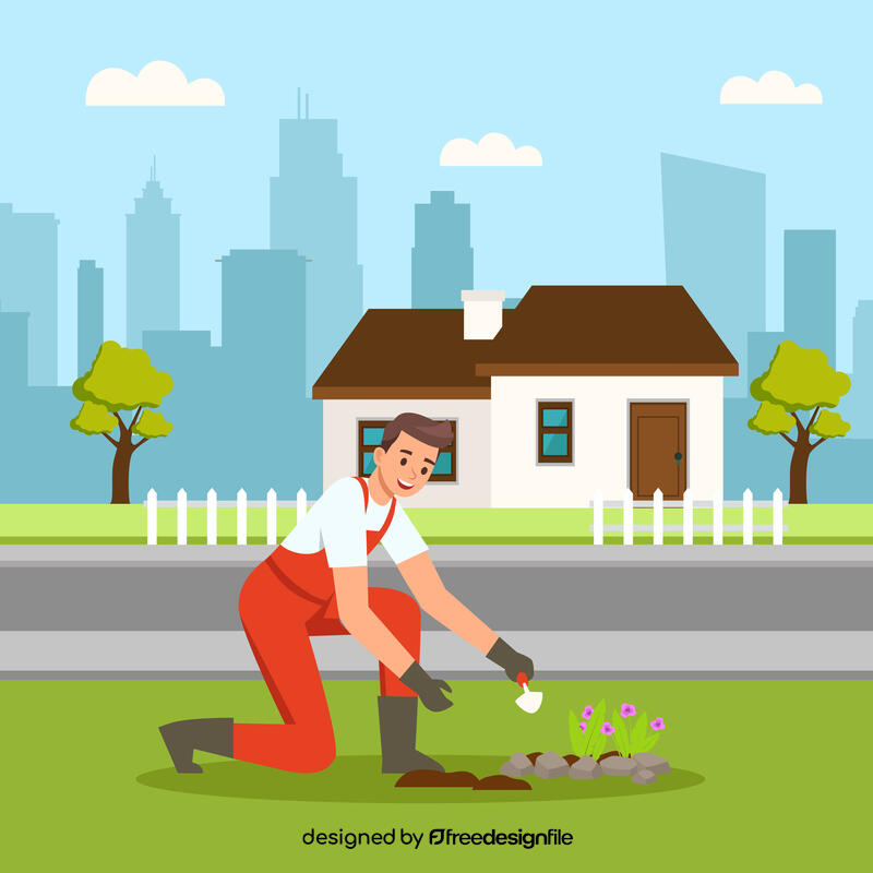 Planting flower in front of his house vector