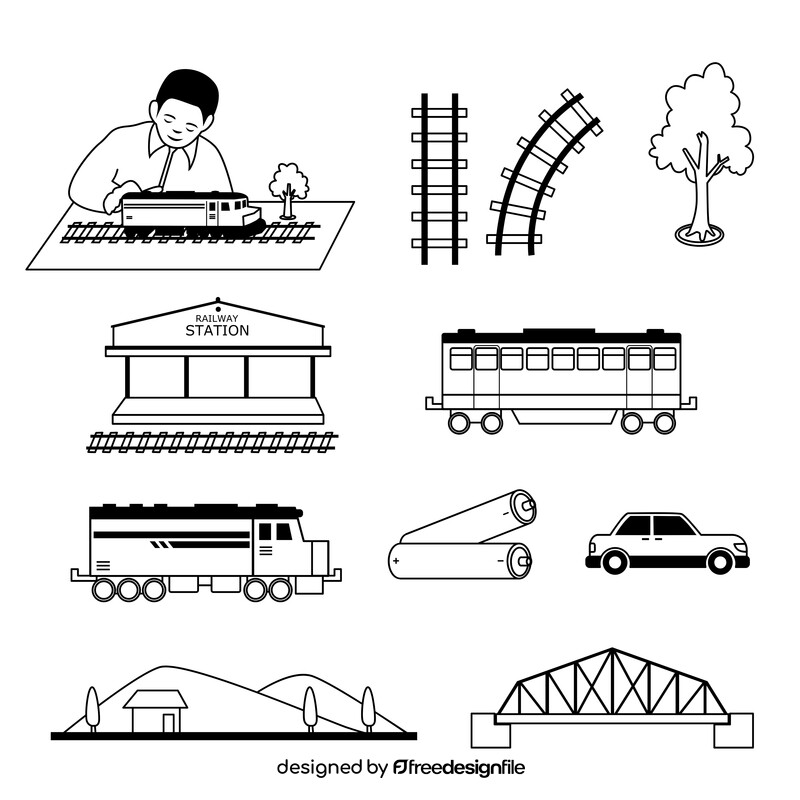 Rail transport modelling icons set black and white vector