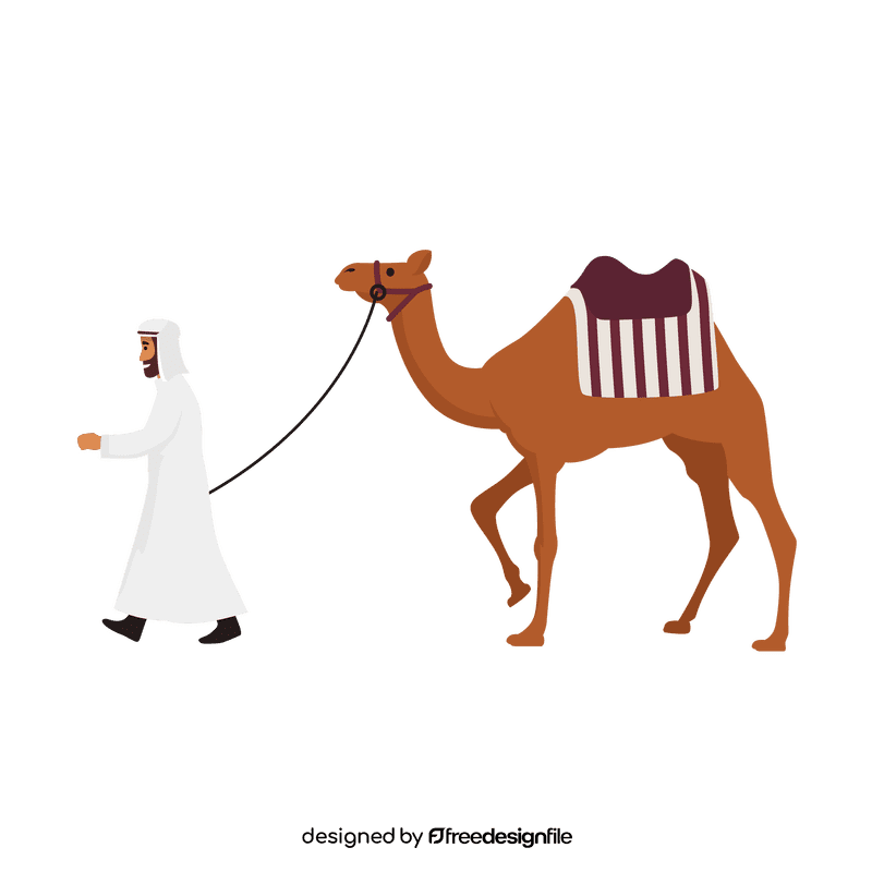 Arab man walking with camel clipart