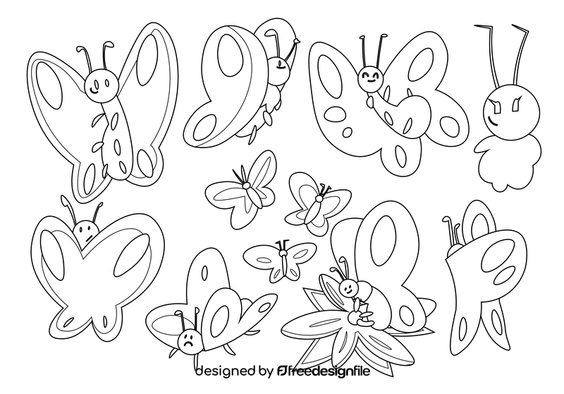 Butterfly cartoon set black and white vector