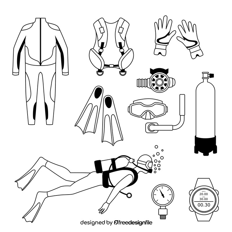 Diving equipment icons set black and white vector