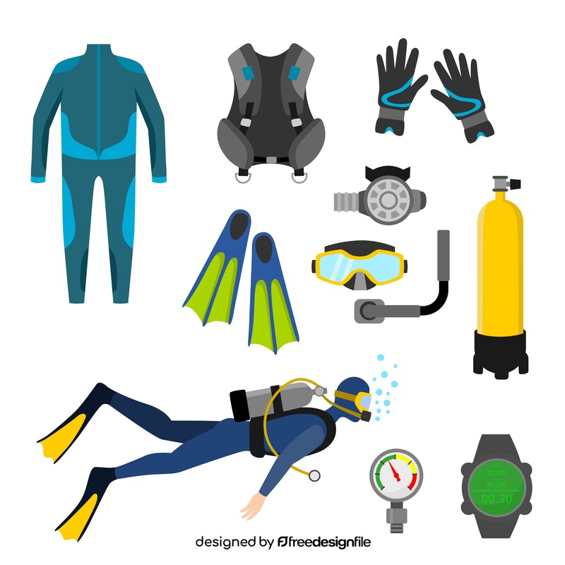 Diving equipment icons set vector