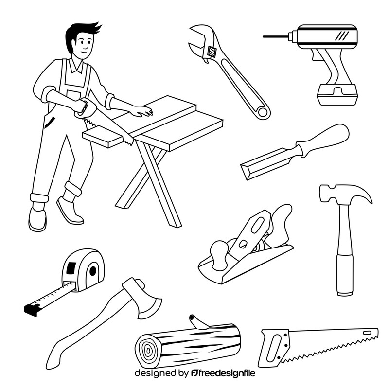 Woodworking carpentry tools set black and white vector