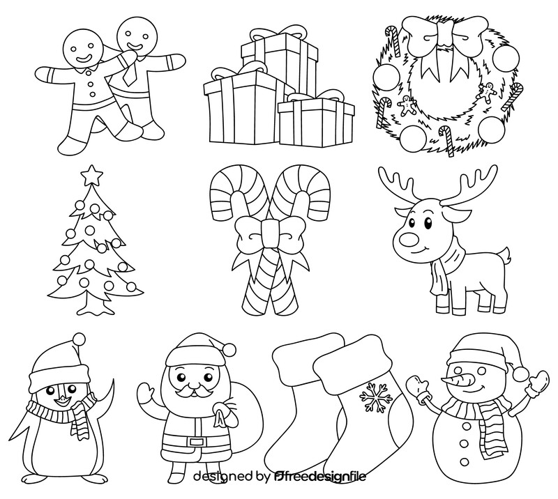 Christmas elements drawing set black and white vector