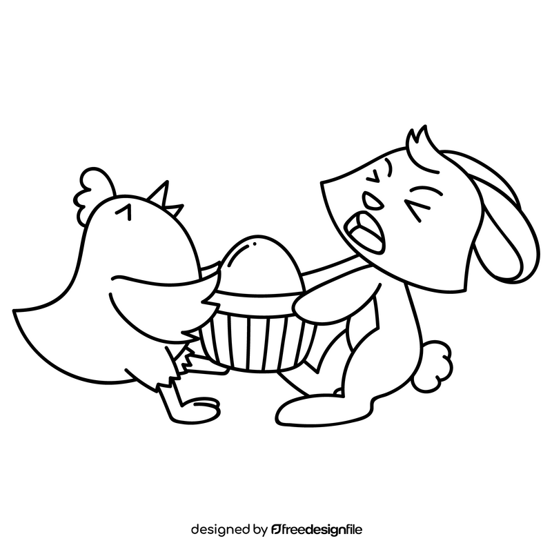Easter chicken vs bunny cartoon drawing black and white clipart