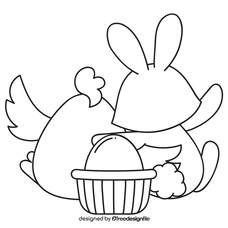 Happy easter chicken and rabbit drawing black and white clipart
