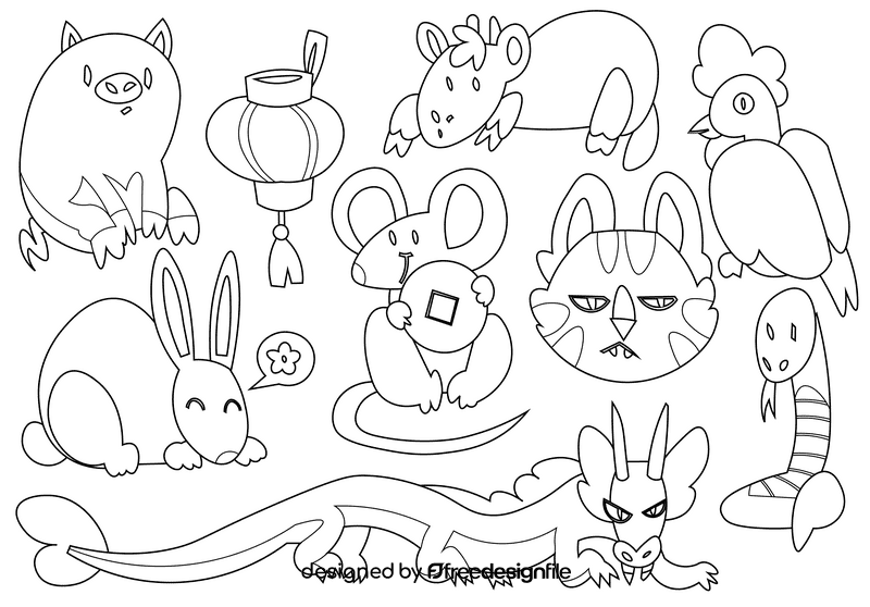 Chinese calendar animals black and white vector