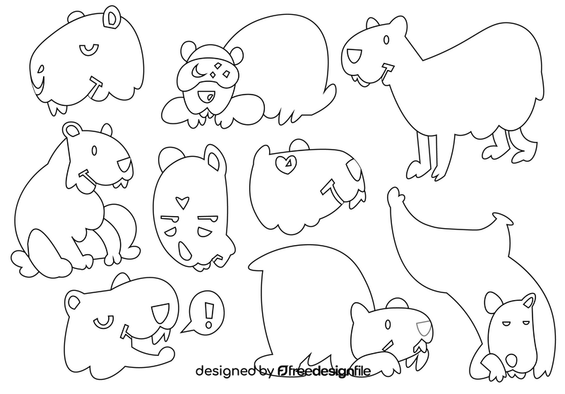 Capybara cartoon set black and white vector