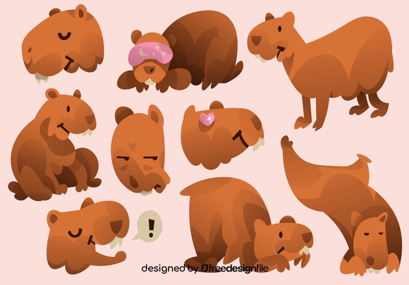 Capybara cartoon set vector