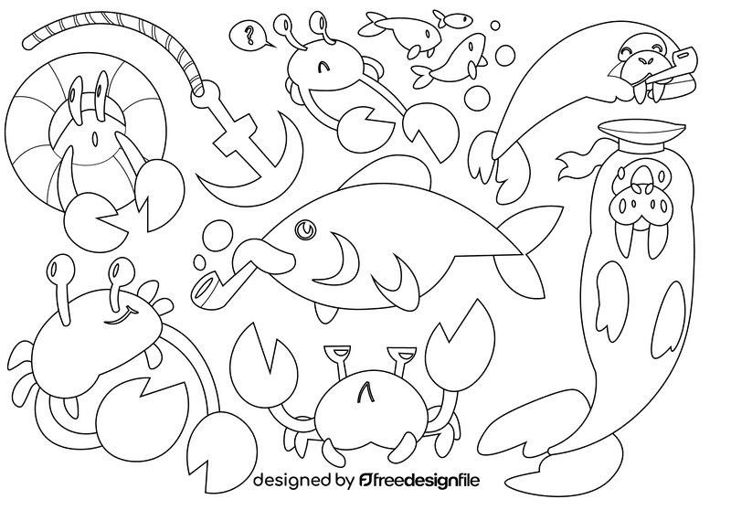 Sea animals black and white vector