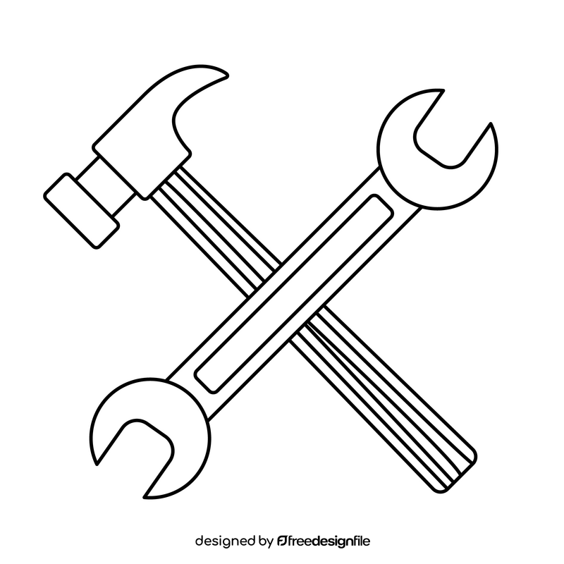 Wrench and hammer crossed drawing black and white clipart