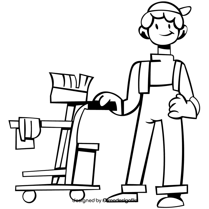 Custodian character cart black and white clipart