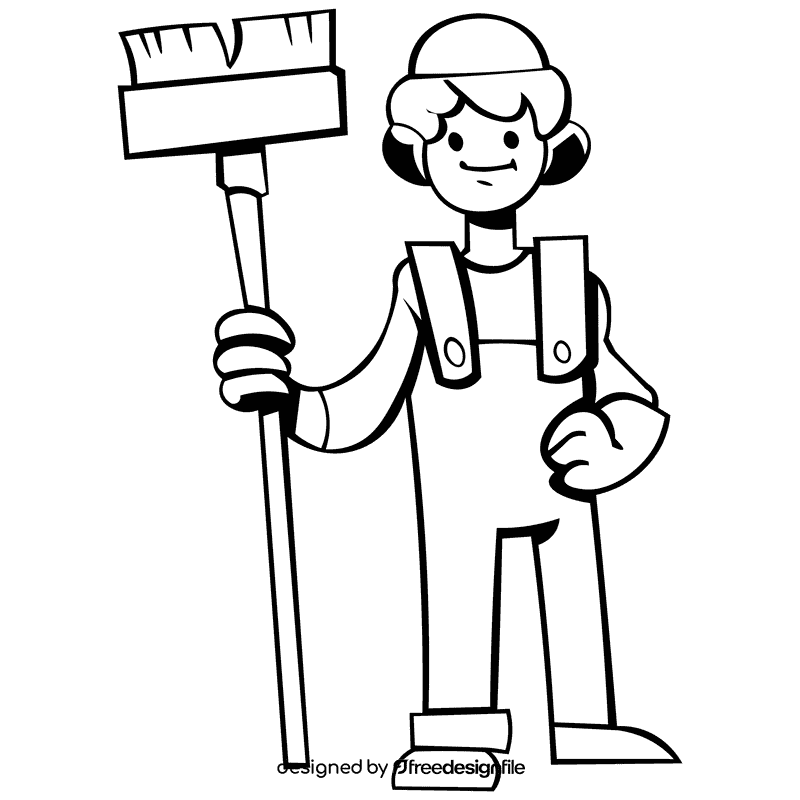 Custodian character mop black and white clipart