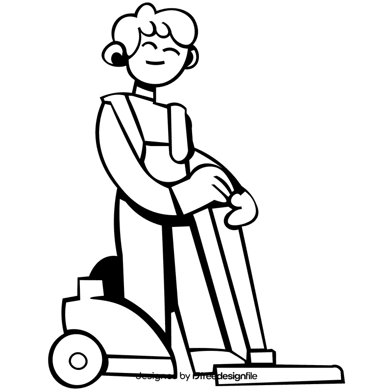 Custodian character vacuum cleaner black and white clipart