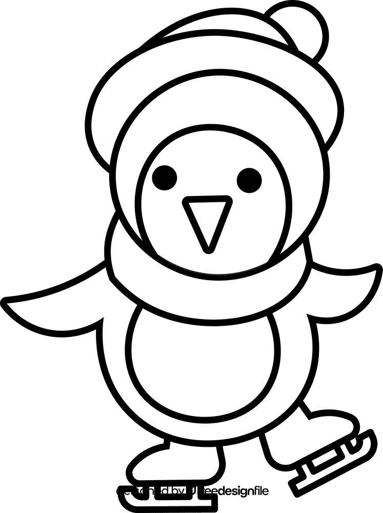 Ice skating penguin black and white clipart