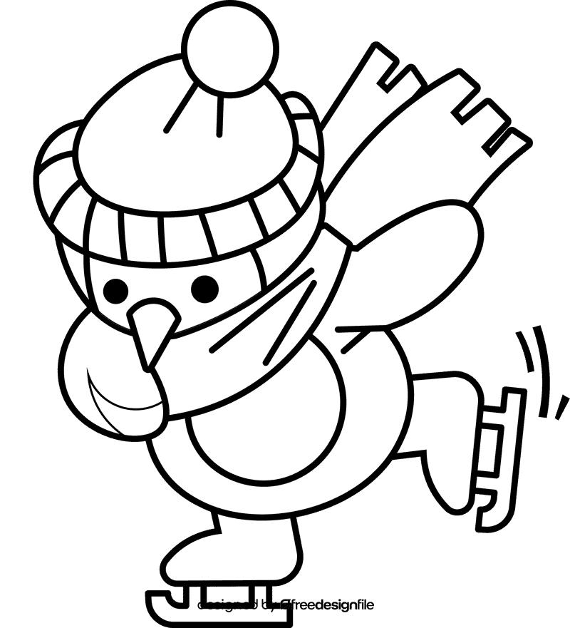 Ice skating penguin skating black and white clipart