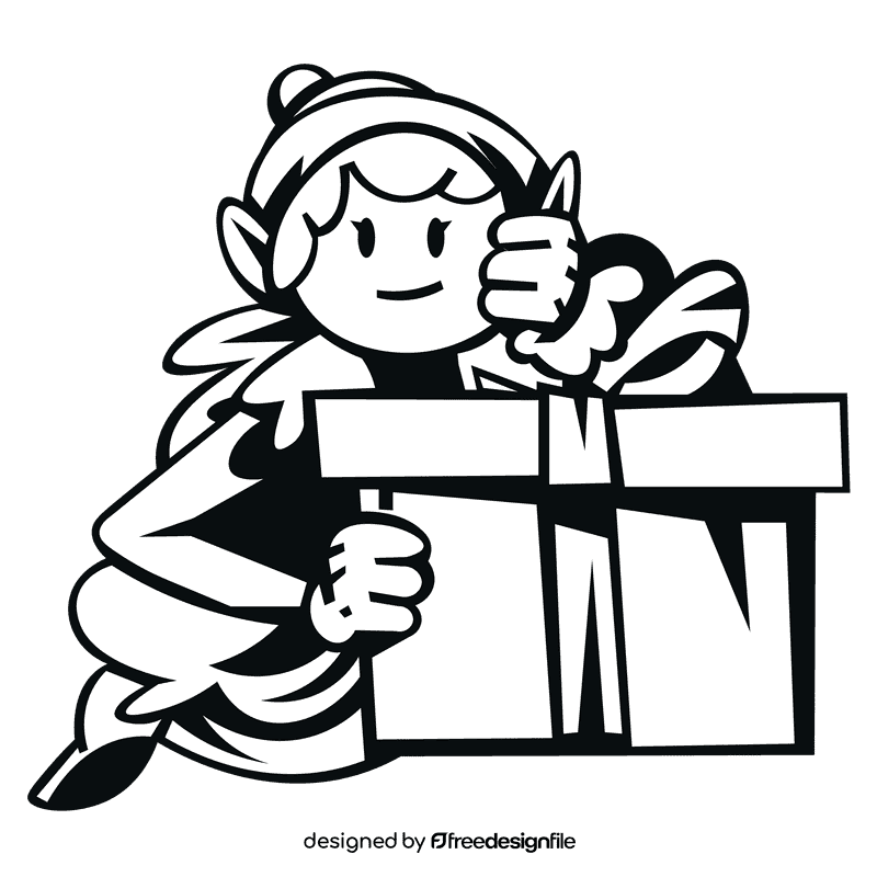 Elf present black and white clipart