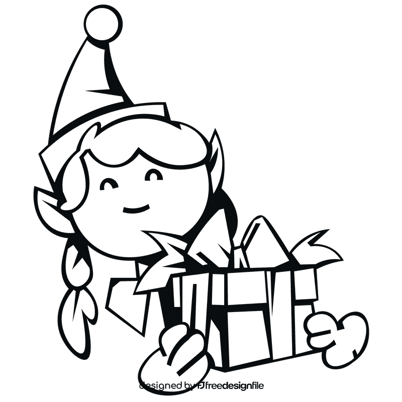 Elf present portrait black and white clipart