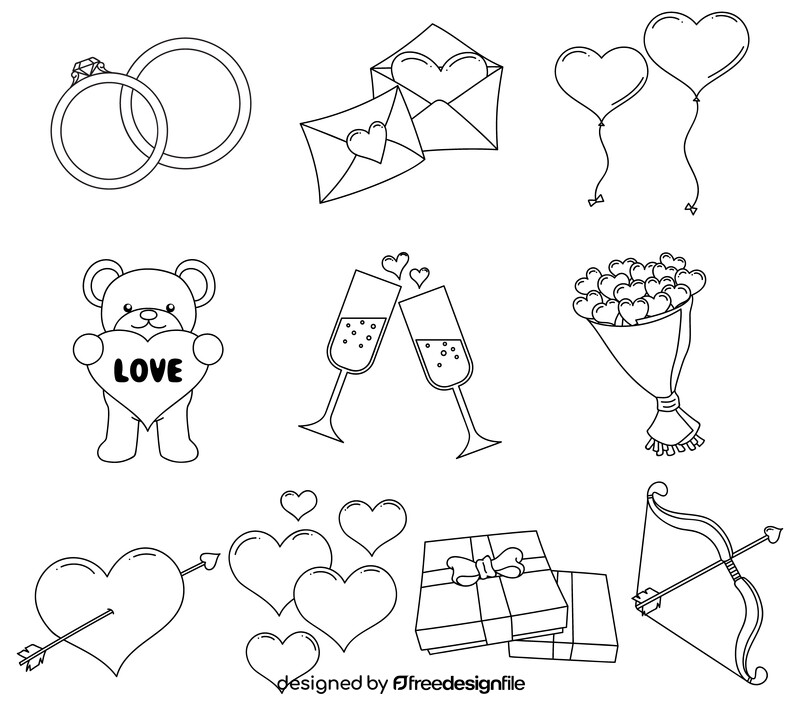 Happy Valentines Day clipart set black and white vector